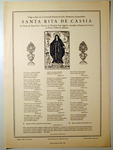 GOIGS A LLAOR DE LA CORONADA ESPOSA DE CRIST, PROTECTORA D'IMPASSIBLES SANTA RITA DE CÀSSIA - Barcelona 1960