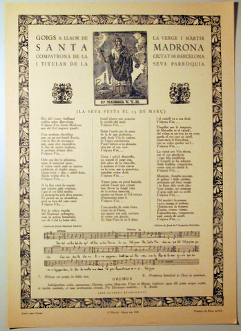 GOIGS A LLAOR DE LA VERGE I MÀRTIR SANTA MADRONA - Barcelona 1956