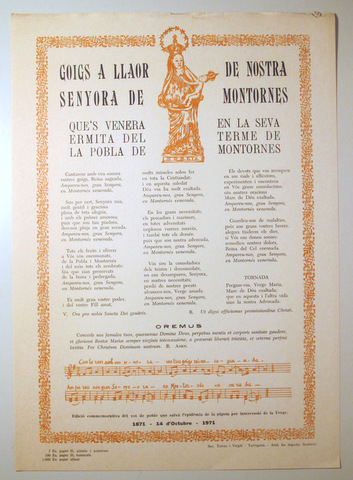 GOIGS A LLAOR DE NOSTRA SENYORA DE MONTORNES - Tarragona 1971