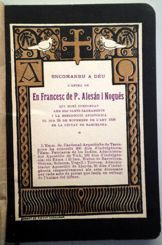MISSA DE DIFUNTS  PER FRANCESC D P. ALESÁN I NOGUÉS -  Barcelona 1926