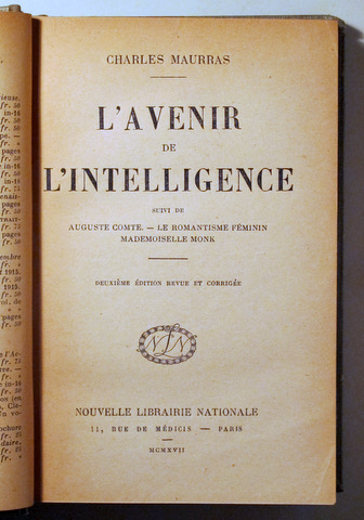 L'AVENIR DE L'INTELLIGENCE - Paris 1917