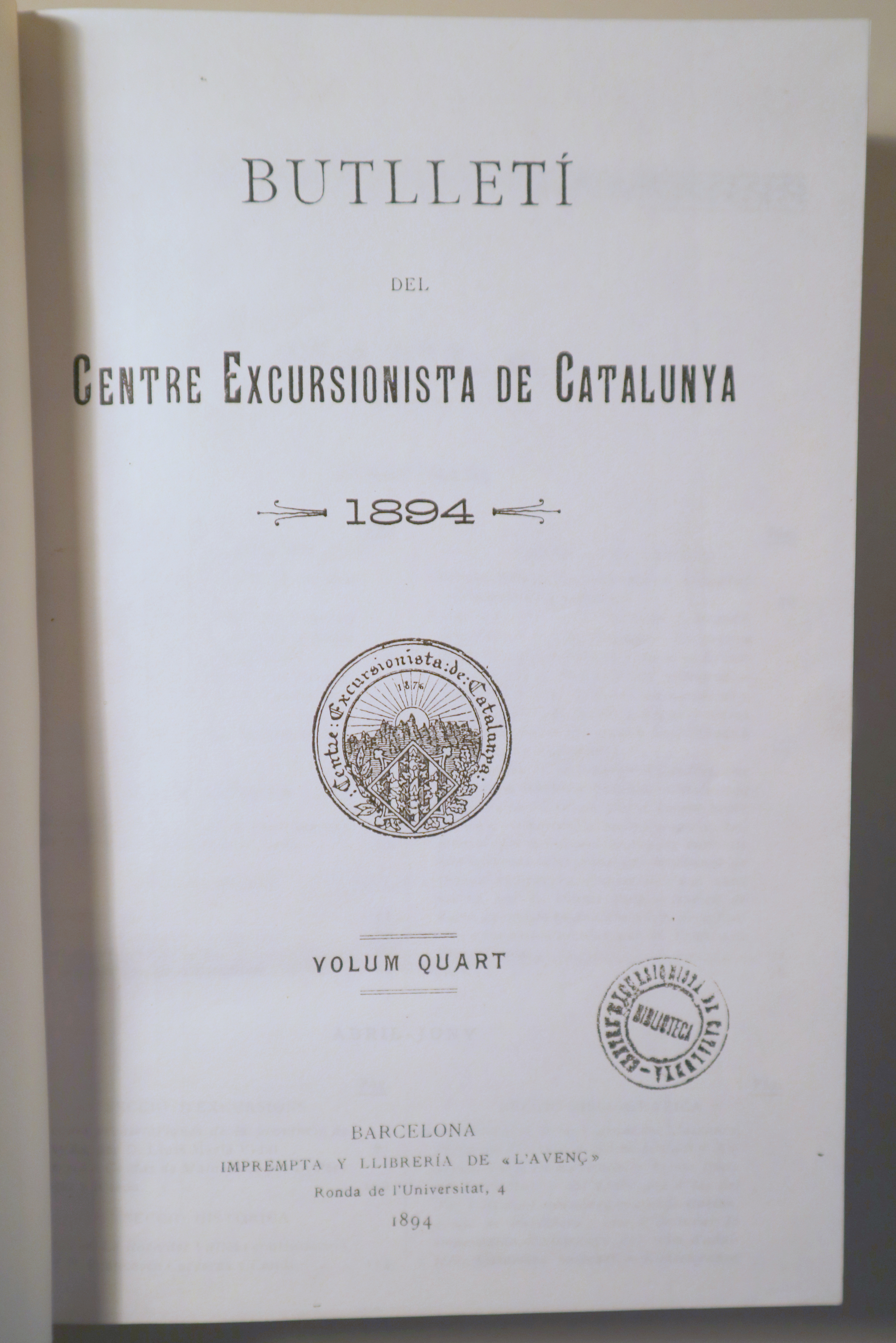 BUTLLETÍ DEL CENTRE EXCURSIONISTA DE CATALUNYA 1894. Volum 4t (en fotocòpia) - Barcelona 1894 - Il·lustrat