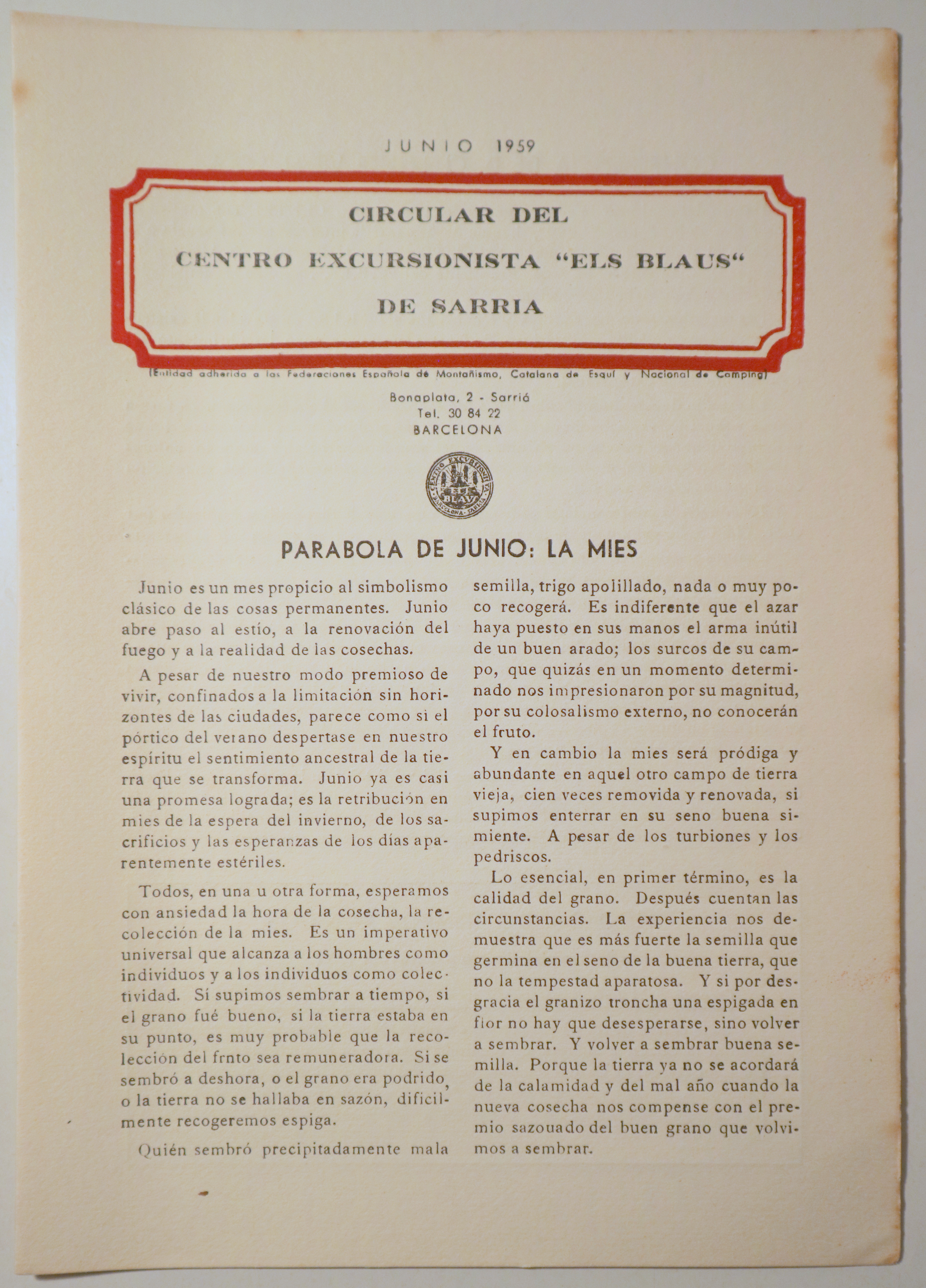 CIRCULAR DEL CENTRO EXCURSIONISTA "ELS BLAUS" DE SARRIÀ. Junio 1959 - Barcelona 1959