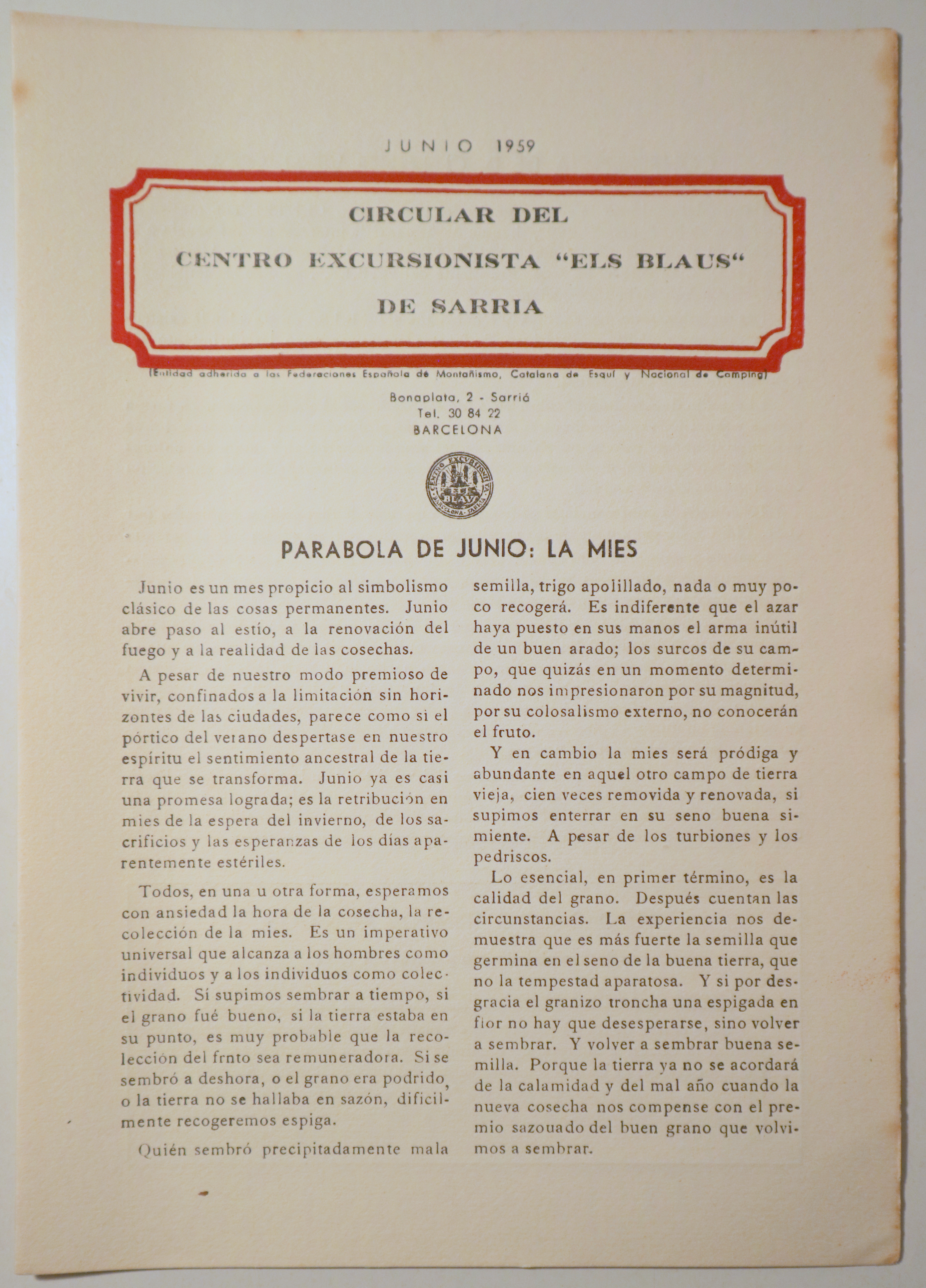 CIRCULAR DEL CENTRO EXCURSIONISTA "ELS BLAUS" DE SARRIÀ. Junio 1959 - Barcelona 1959