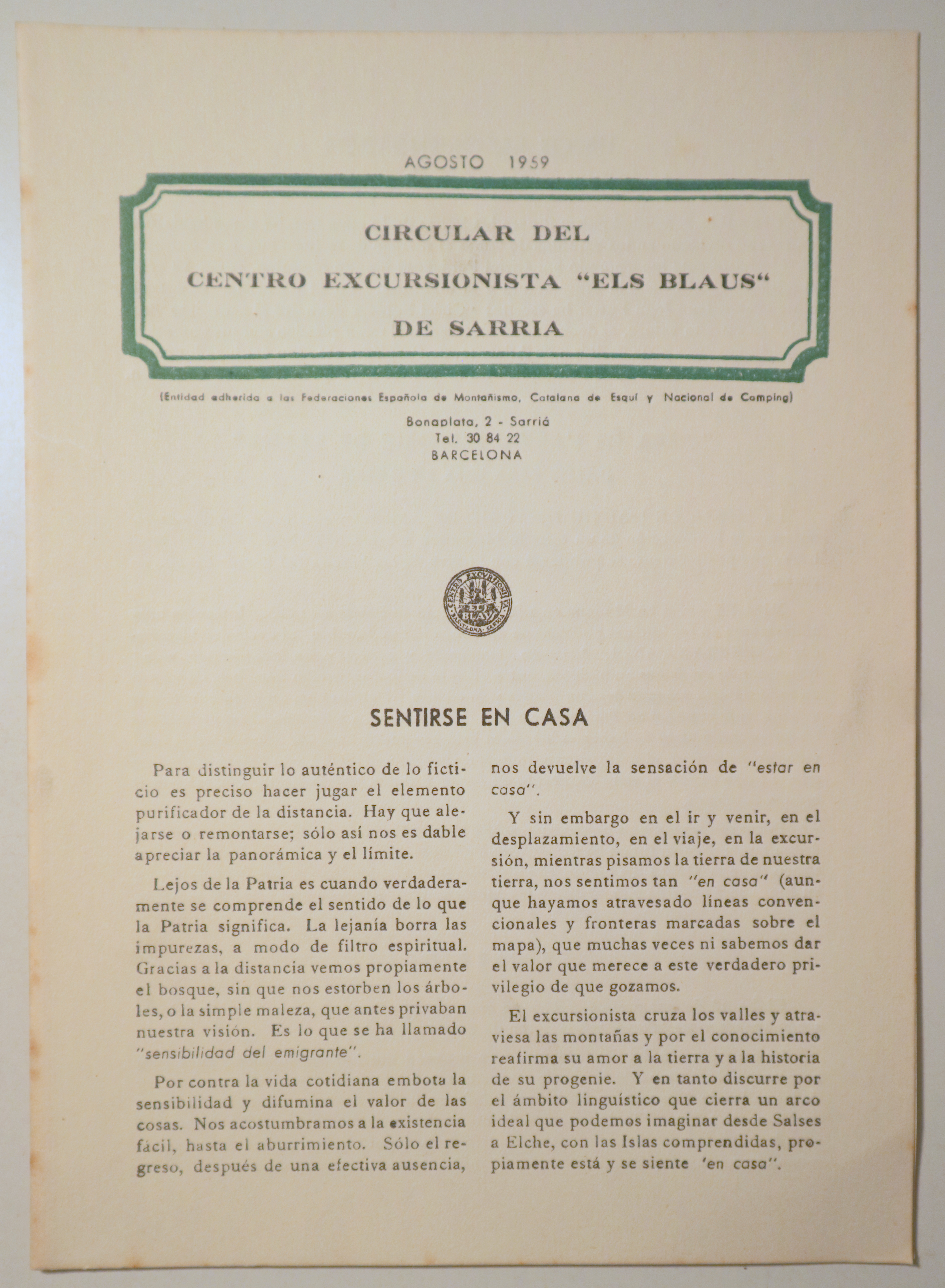 CIRCULAR DEL CENTRO EXCURSIONISTA "ELS BLAUS" DE SARRIÀ. Agosto 1959 - Barcelona 1959