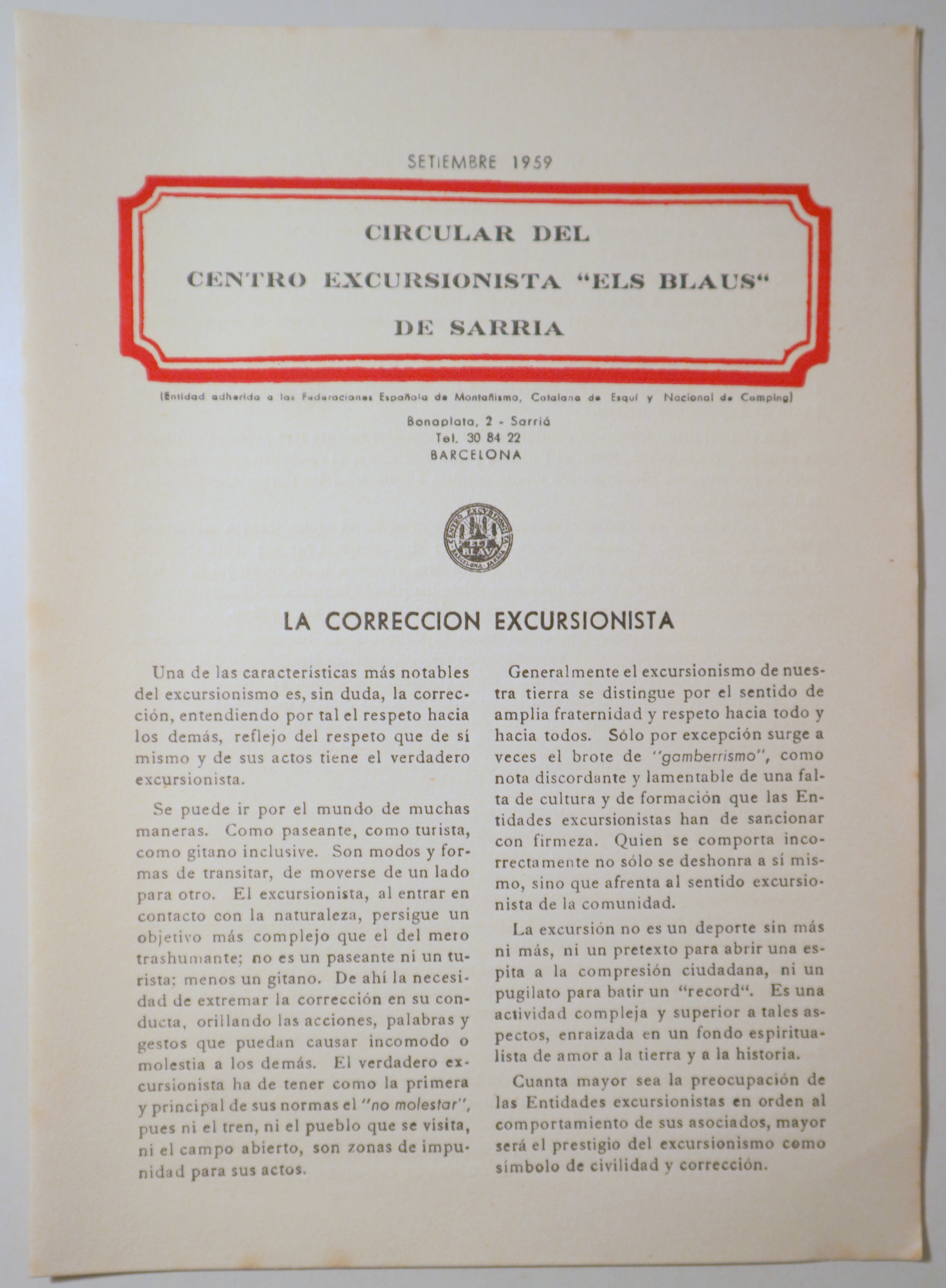 CIRCULAR DEL CENTRO EXCURSIONISTA "ELS BLAUS" DE SARRIÀ. Setiembre 1959 - Barcelona 1959