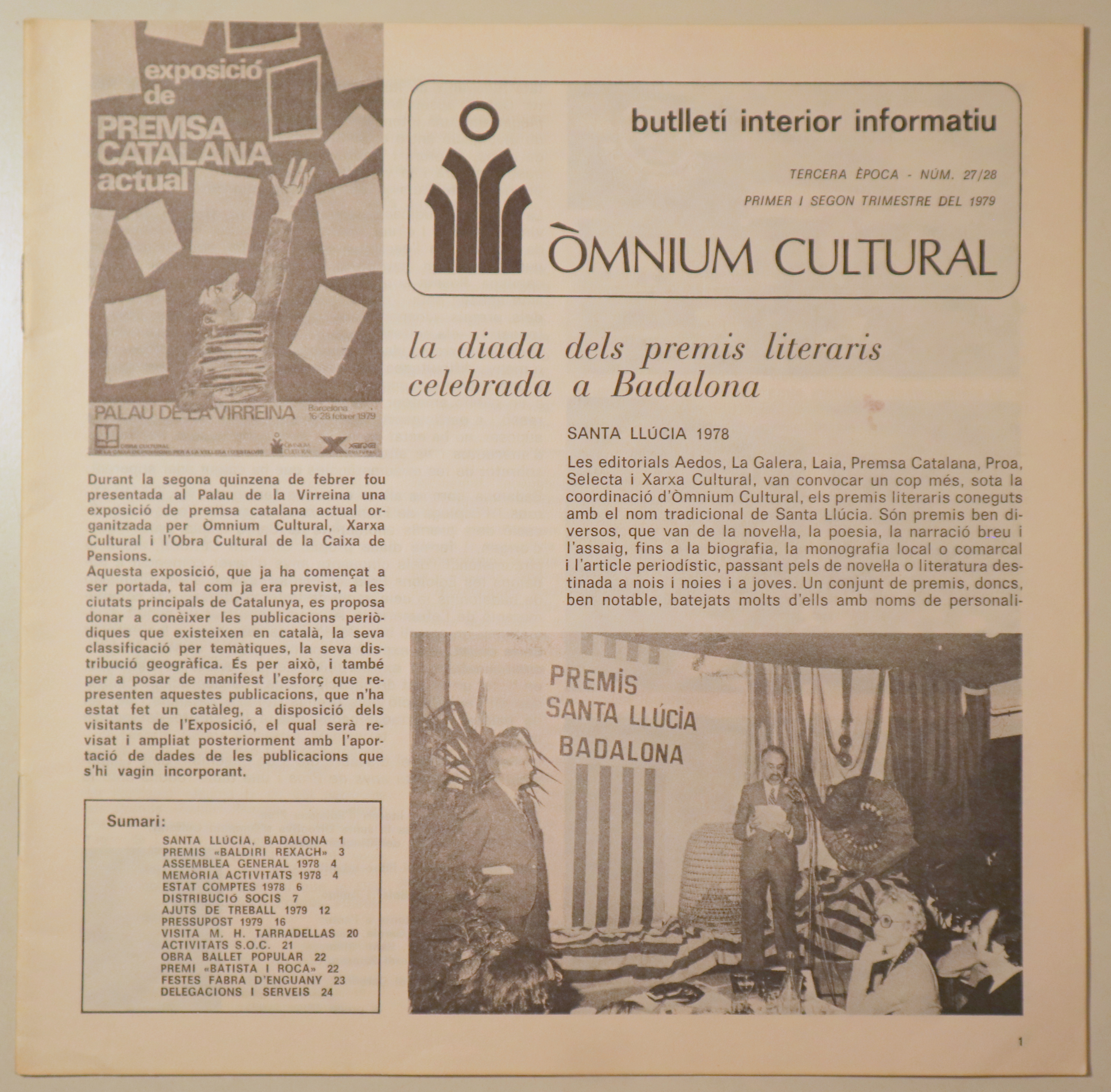 BUTLLETÍ INTERIOR INFORMATIU D'ÒMNIUM CULTURAL 3ª època, núm. 27/28. Primer i segon trimestre de 1979 - Barcelona 1979 - Il·lus