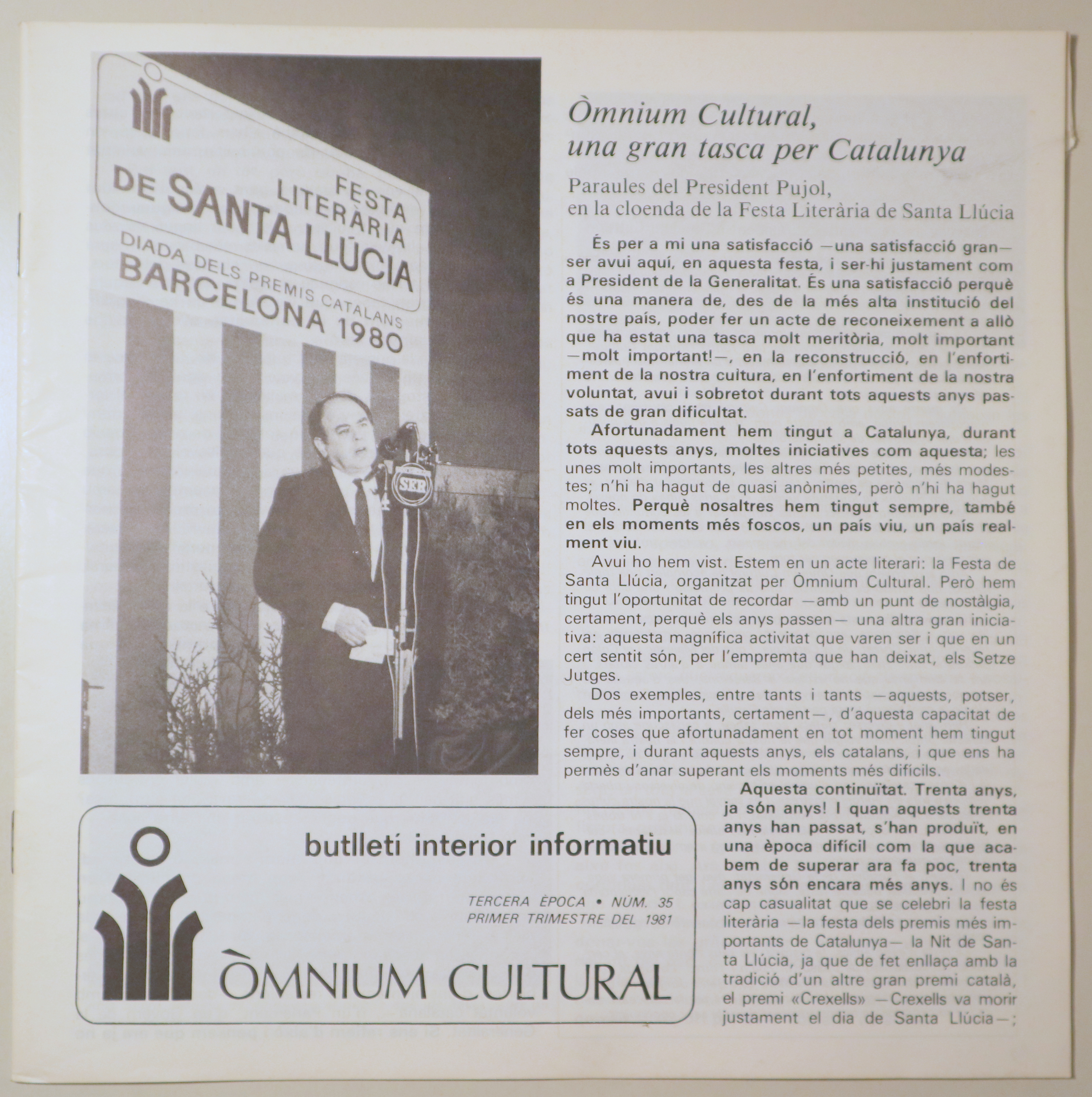 BUTLLETÍ INTERIOR INFORMATIU D'ÒMNIUM CULTURAL 3ª època, núm. 35. Primer trimestre de 1981 - Barcelona 1981 - Il·lustrat