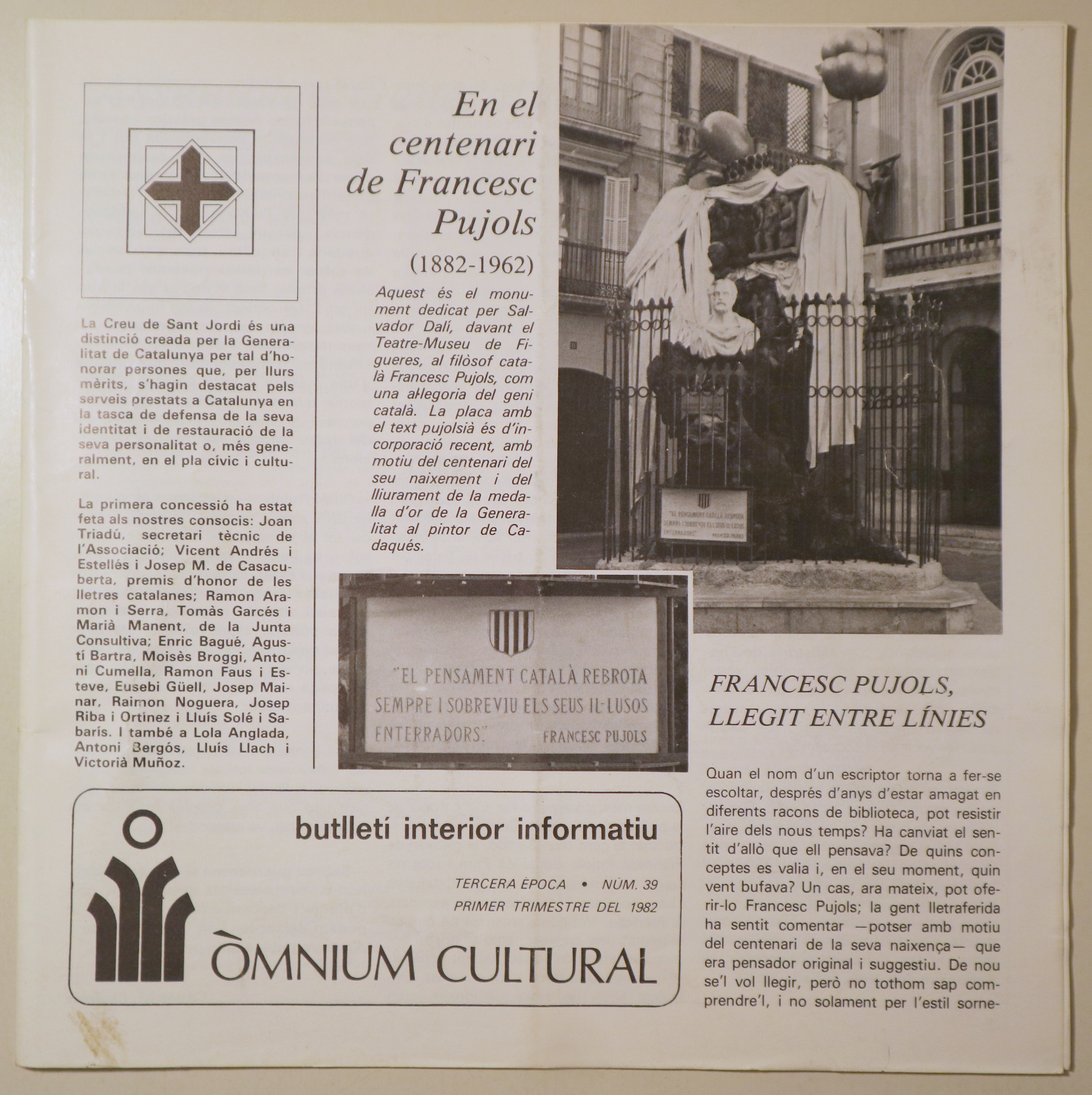 BUTLLETÍ INTERIOR INFORMATIU D'ÒMNIUM CULTURAL 3ª època, núm. 39. Primer trimestre de 1982 - Barcelona 1982 - Il·lustrat
