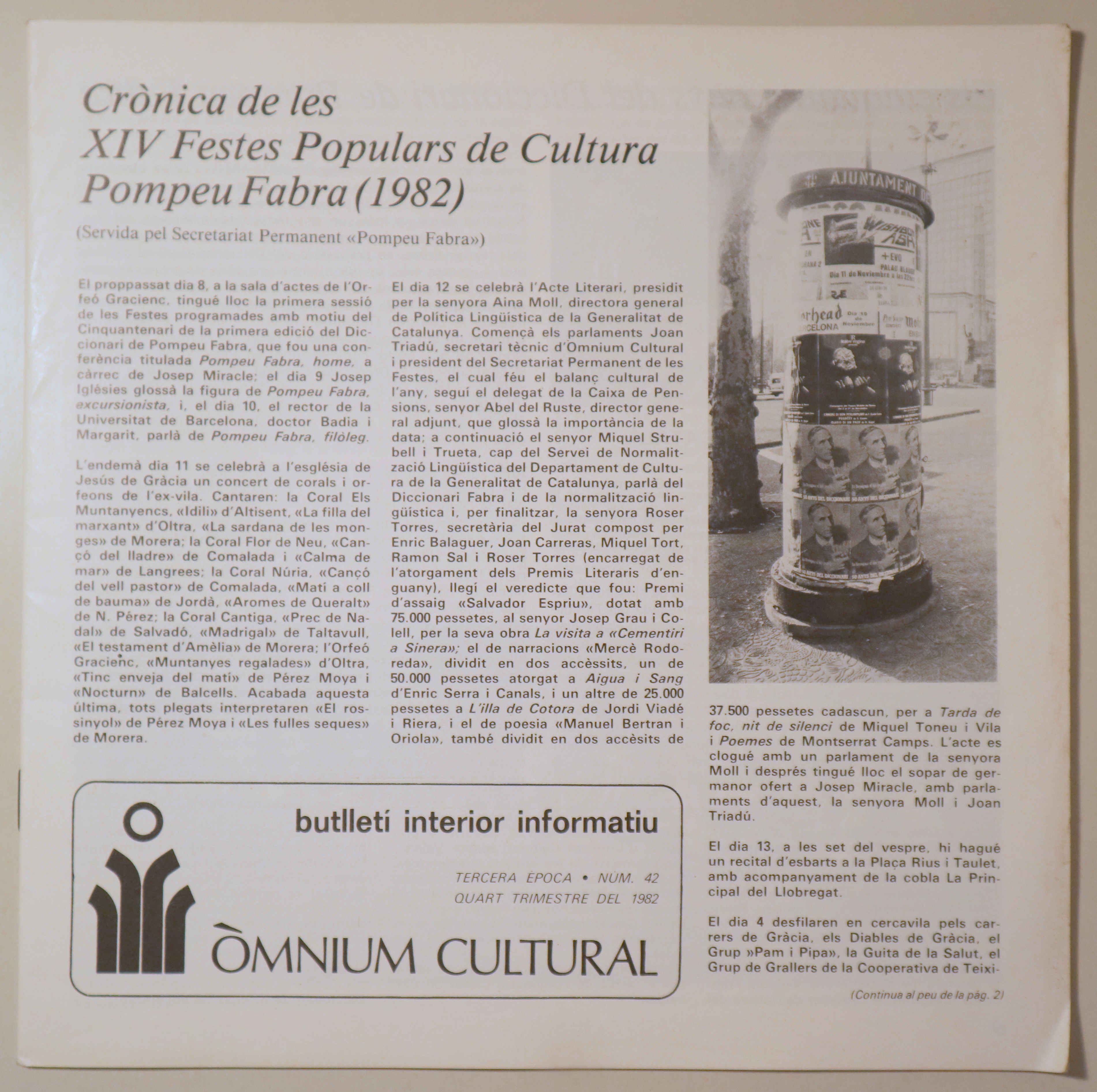 BUTLLETÍ INTERIOR INFORMATIU D'ÒMNIUM CULTURAL 3ª època, núm. 42. Quart trimestre de 1982 - Barcelona 1982 - Il·lustrat