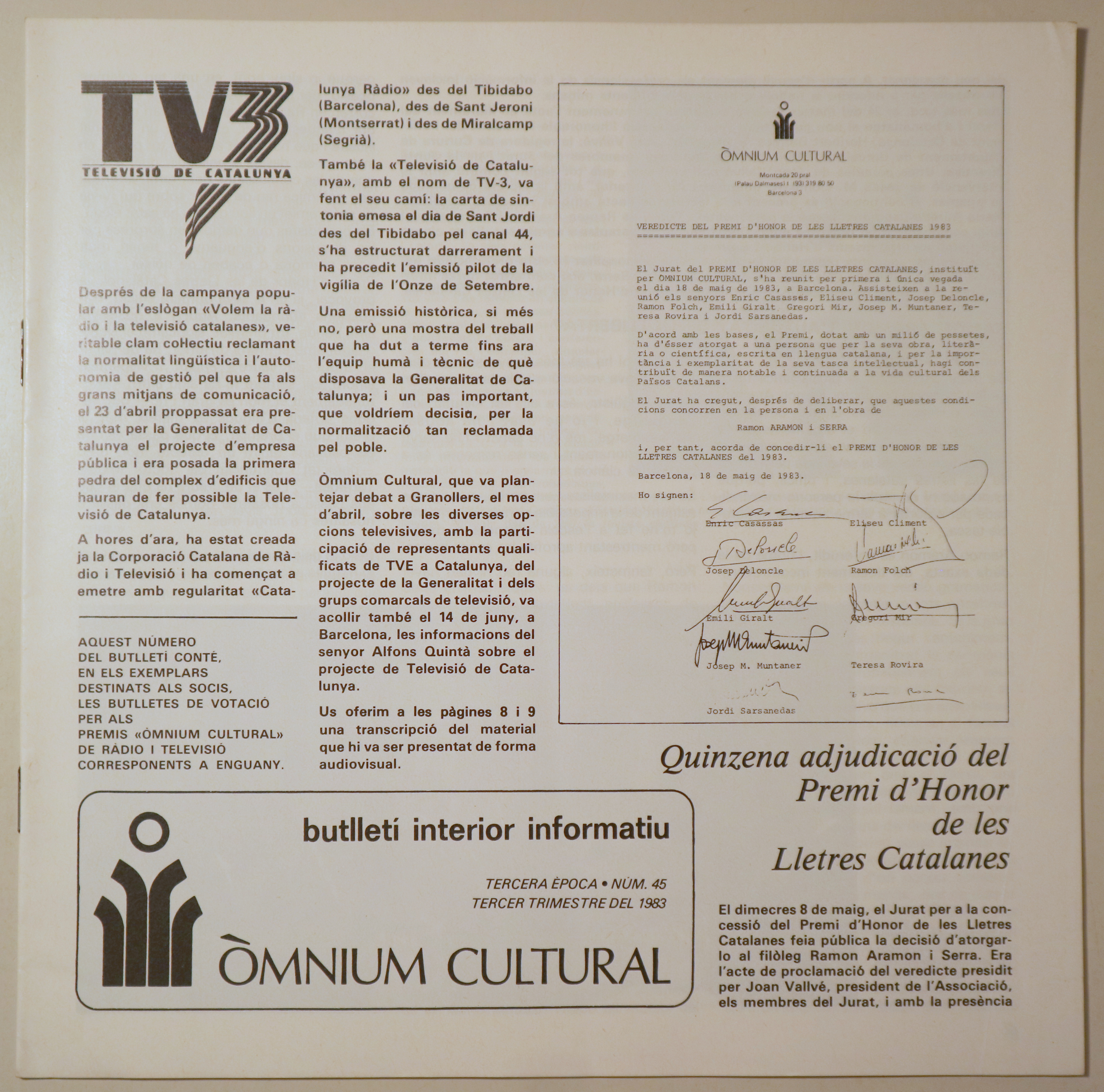 BUTLLETÍ INTERIOR INFORMATIU D'ÒMNIUM CULTURAL 3ª època, núm. 45. Tercer trimestre de 1983 - Barcelona 1983 - Il·lustrat
