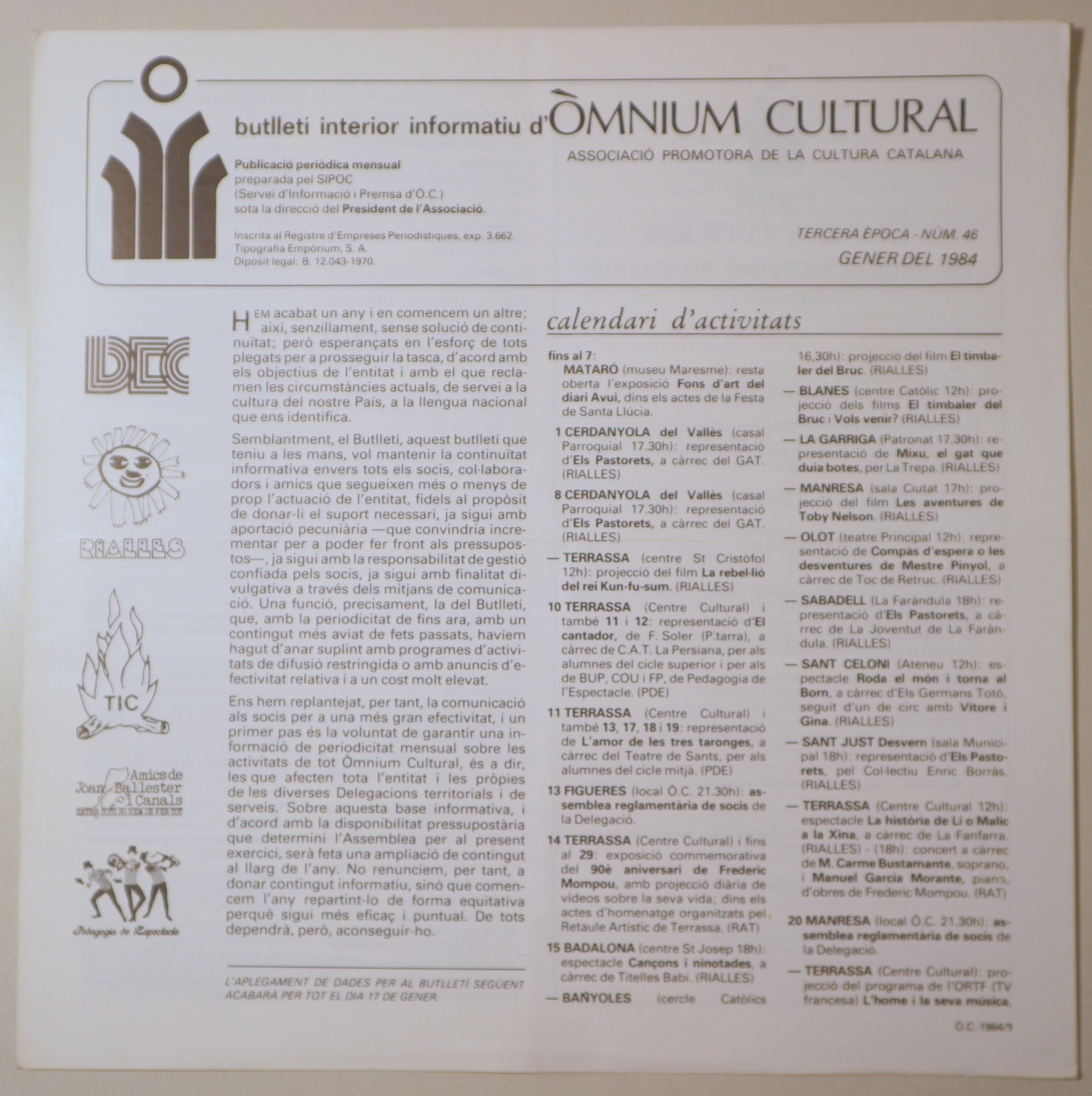 BUTLLETÍ INTERIOR INFORMATIU D'ÒMNIUM CULTURAL 3ª època, núm. 46. Gener 1984 - Barcelona 1984 - Il·lustrat