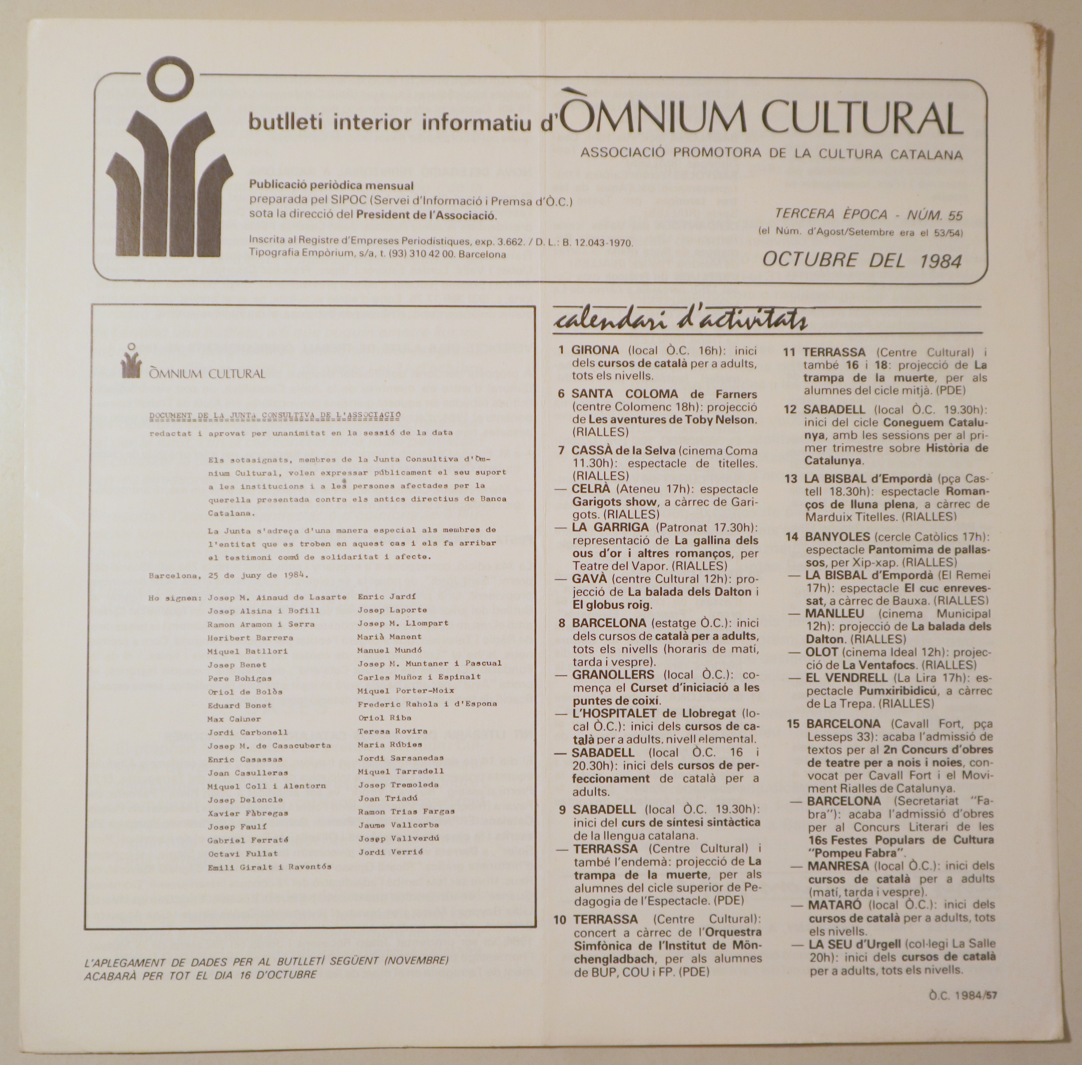 BUTLLETÍ INTERIOR INFORMATIU D'ÒMNIUM CULTURAL 3ª època, núm. 55. Octubre 1984 - Barcelona 1984 - Il·lustrat