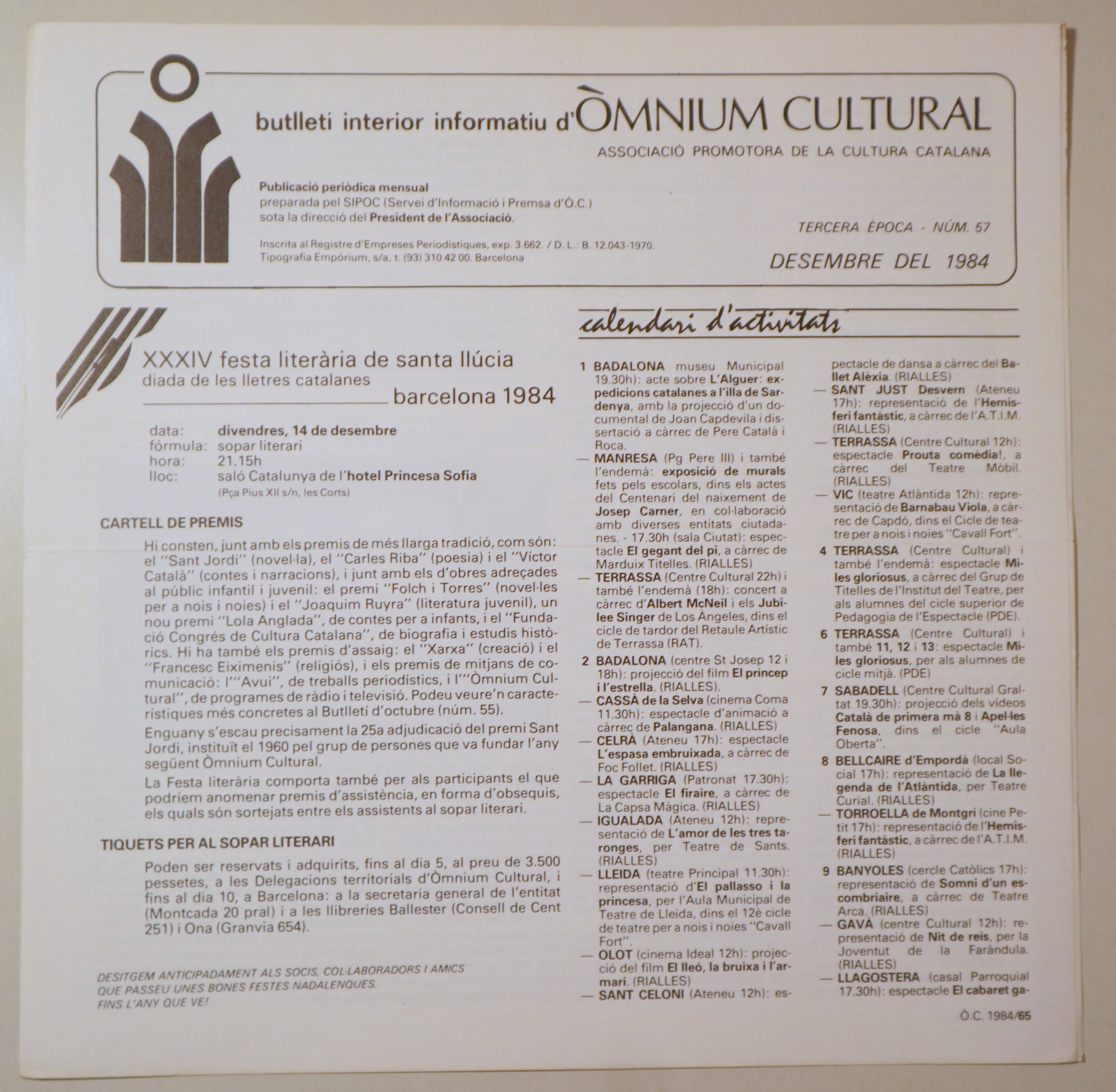 BUTLLETÍ INTERIOR INFORMATIU D'ÒMNIUM CULTURAL 3ª època, núm. 57. Desembre 1984 - Barcelona 1984 - Il·lustrat