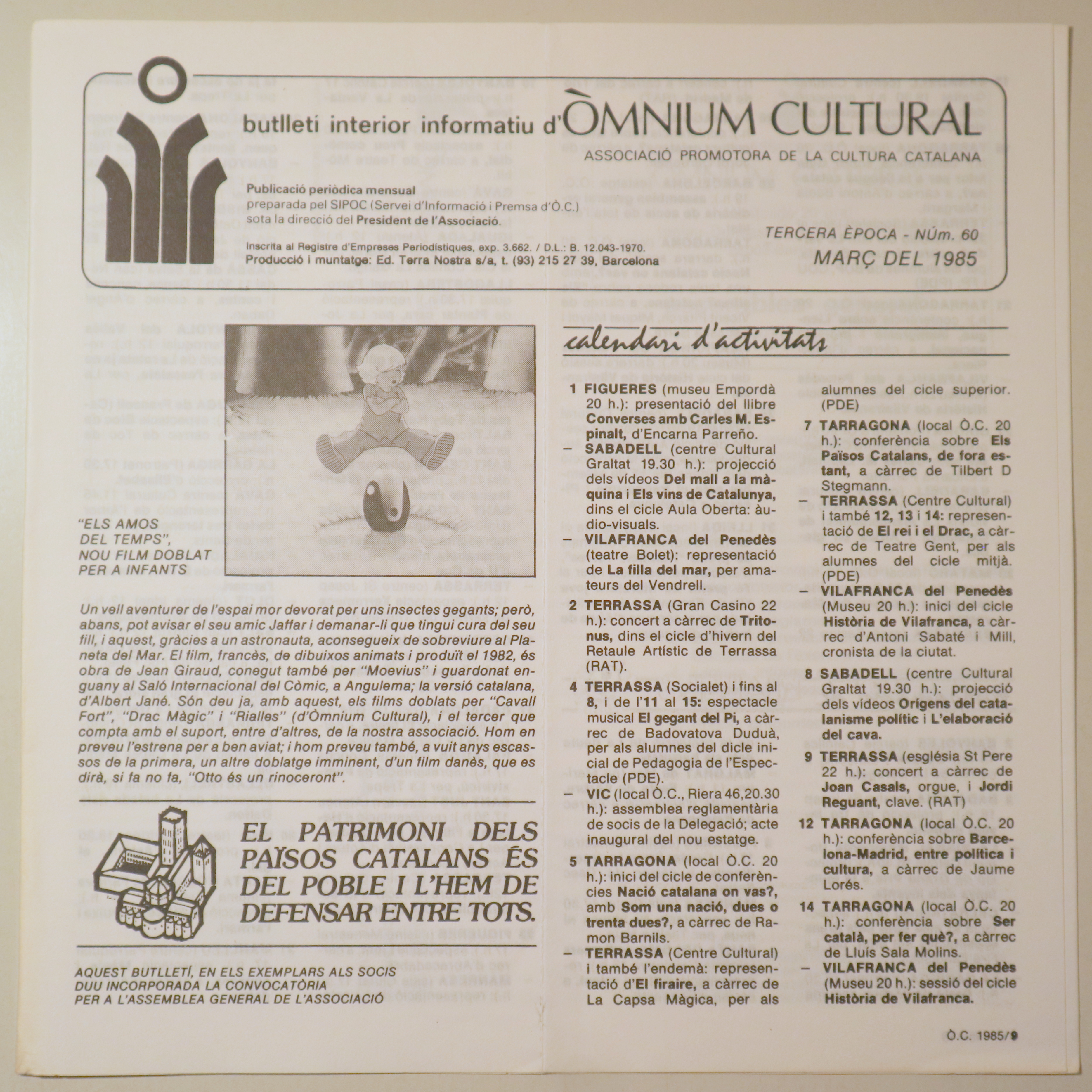 BUTLLETÍ INTERIOR INFORMATIU D'ÒMNIUM CULTURAL 3ª època, núm. 60. Març 1985 - Barcelona 1985 - Il·lustrat