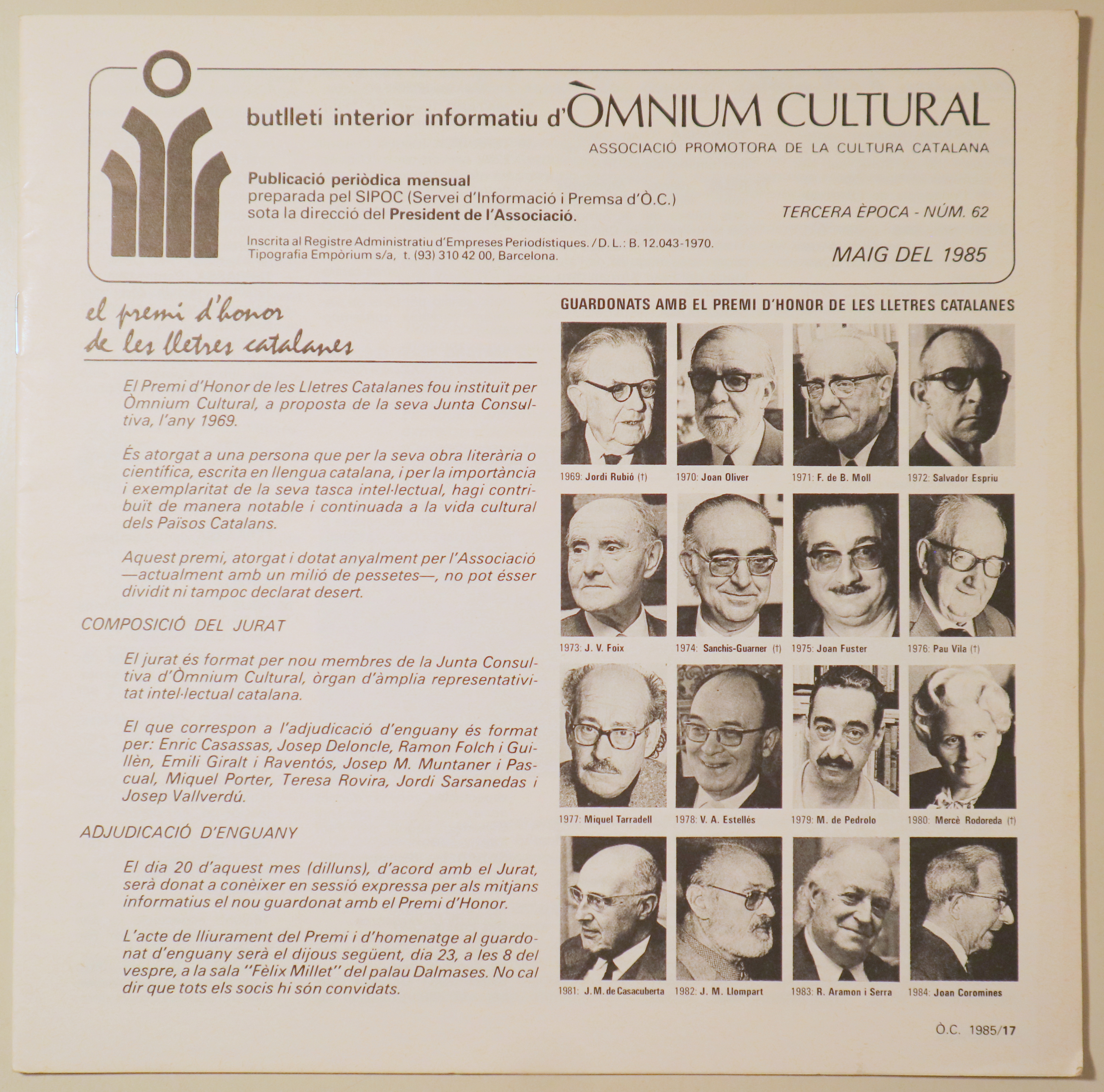 BUTLLETÍ INTERIOR INFORMATIU D'ÒMNIUM CULTURAL 3ª època, núm. 62. Maig 1985 - Barcelona 1985 - Il·lustrat