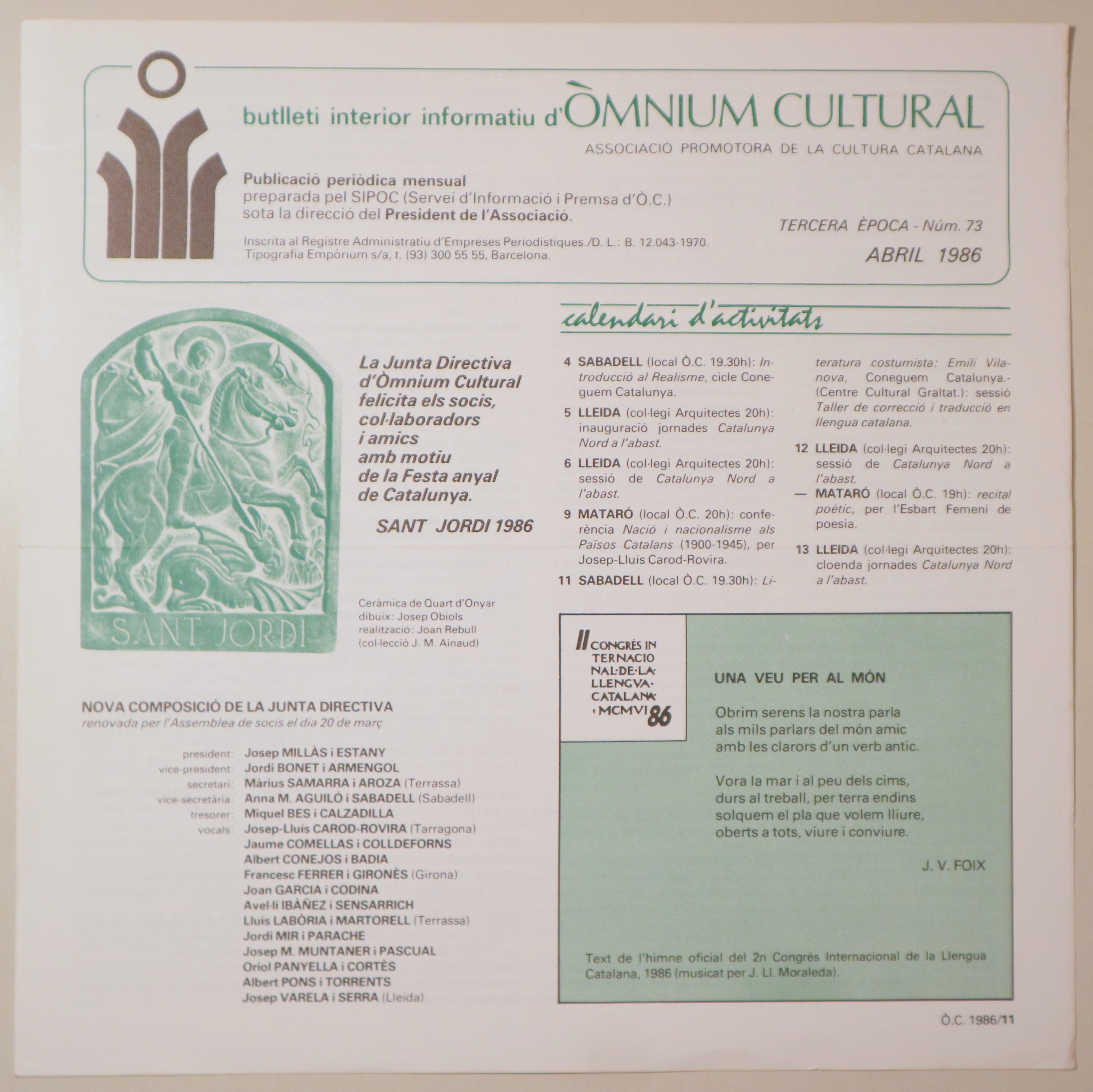 BUTLLETÍ INTERIOR INFORMATIU D'ÒMNIUM CULTURAL 3ª època, núm. 73. Abril 1986 - Barcelona 1986 - Il·lustrat