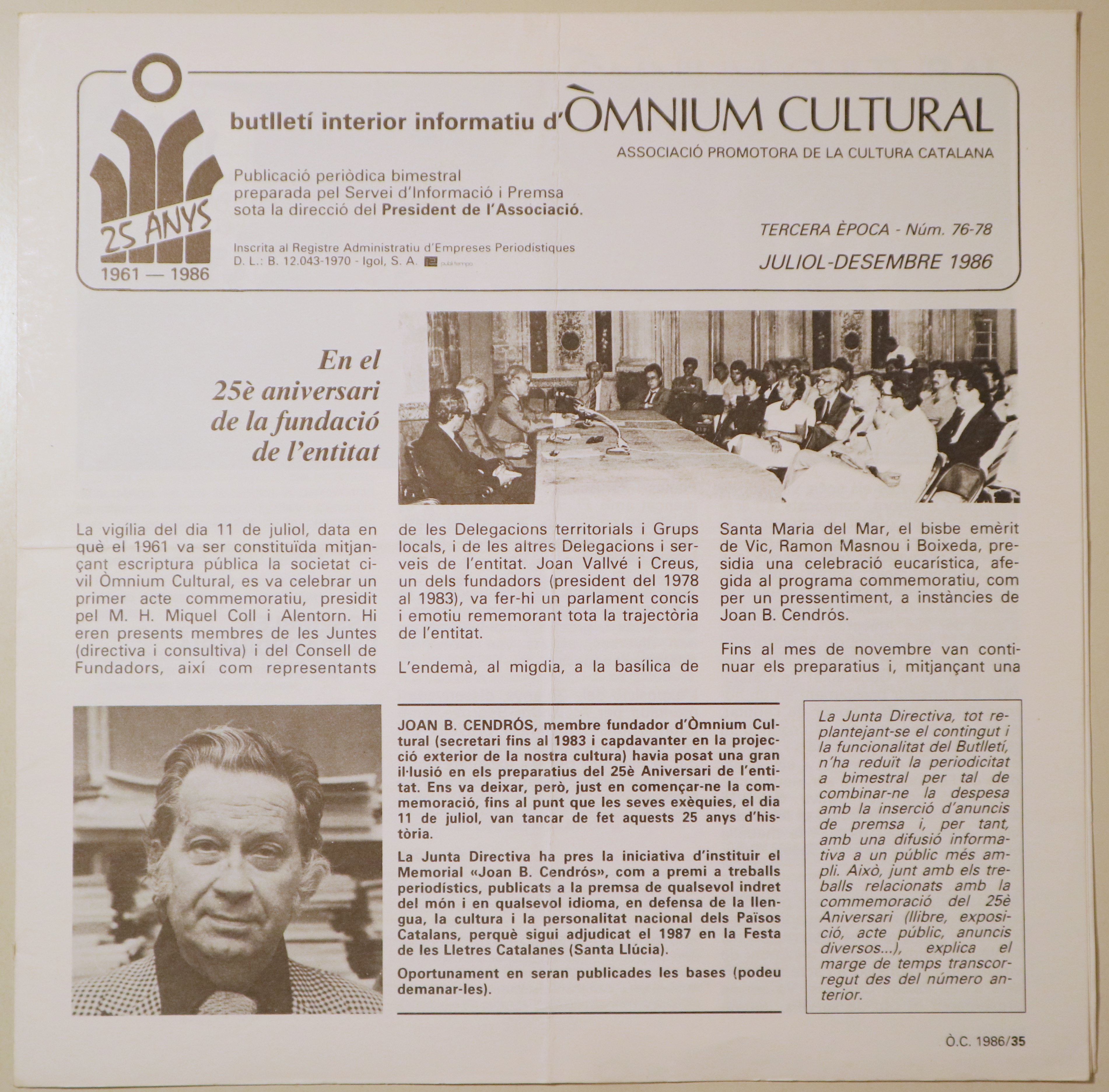 BUTLLETÍ INTERIOR INFORMATIU D'ÒMNIUM CULTURAL 3ª època, núm. 76/78. Juliol/desembre 1986 - Barcelona 1986 - Il·lustrat