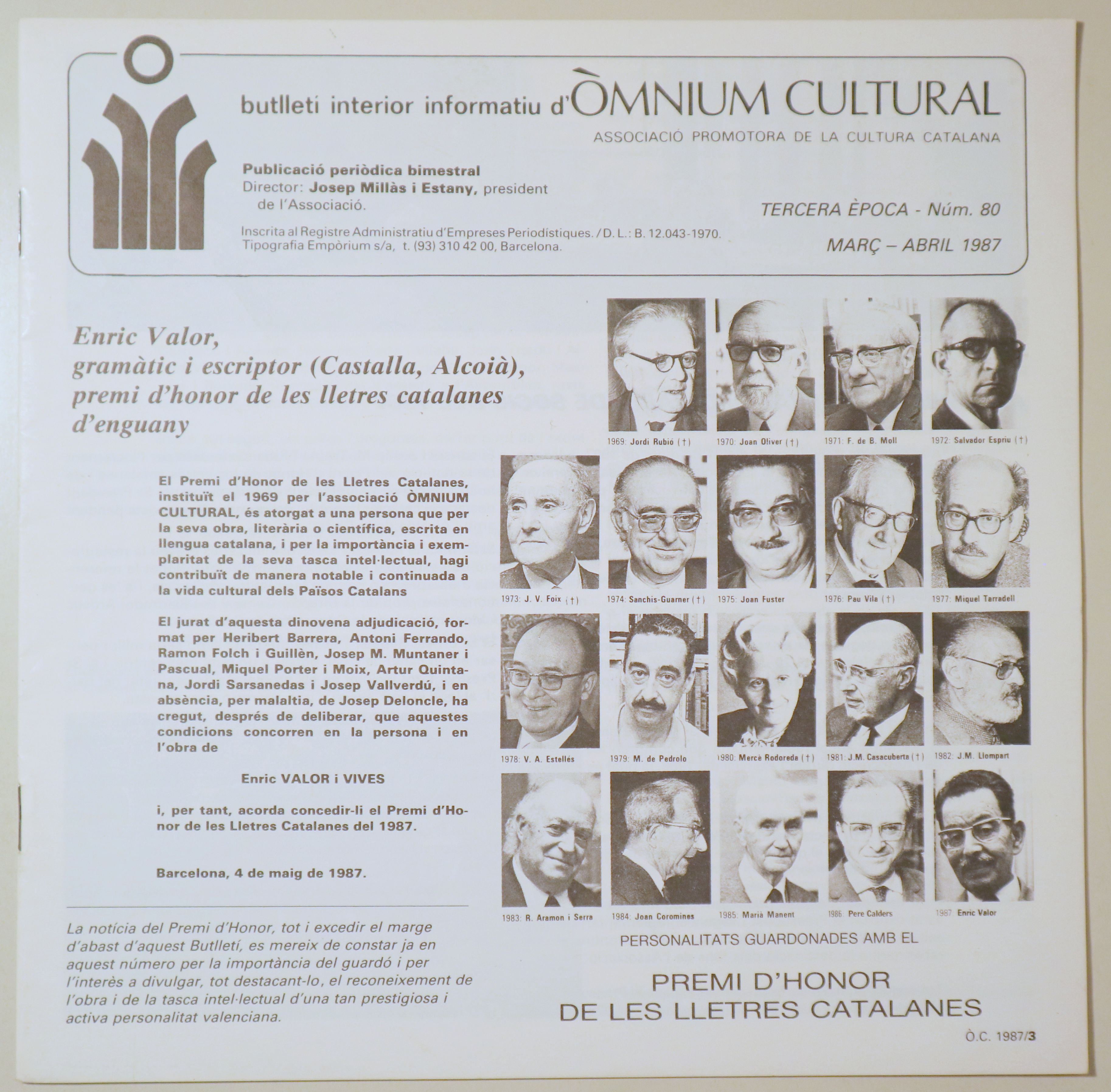 BUTLLETÍ INTERIOR INFORMATIU D'ÒMNIUM CULTURAL 3ª època, núm. 80. Març/abril 1987 - Barcelona 1987 - Il·lustrat