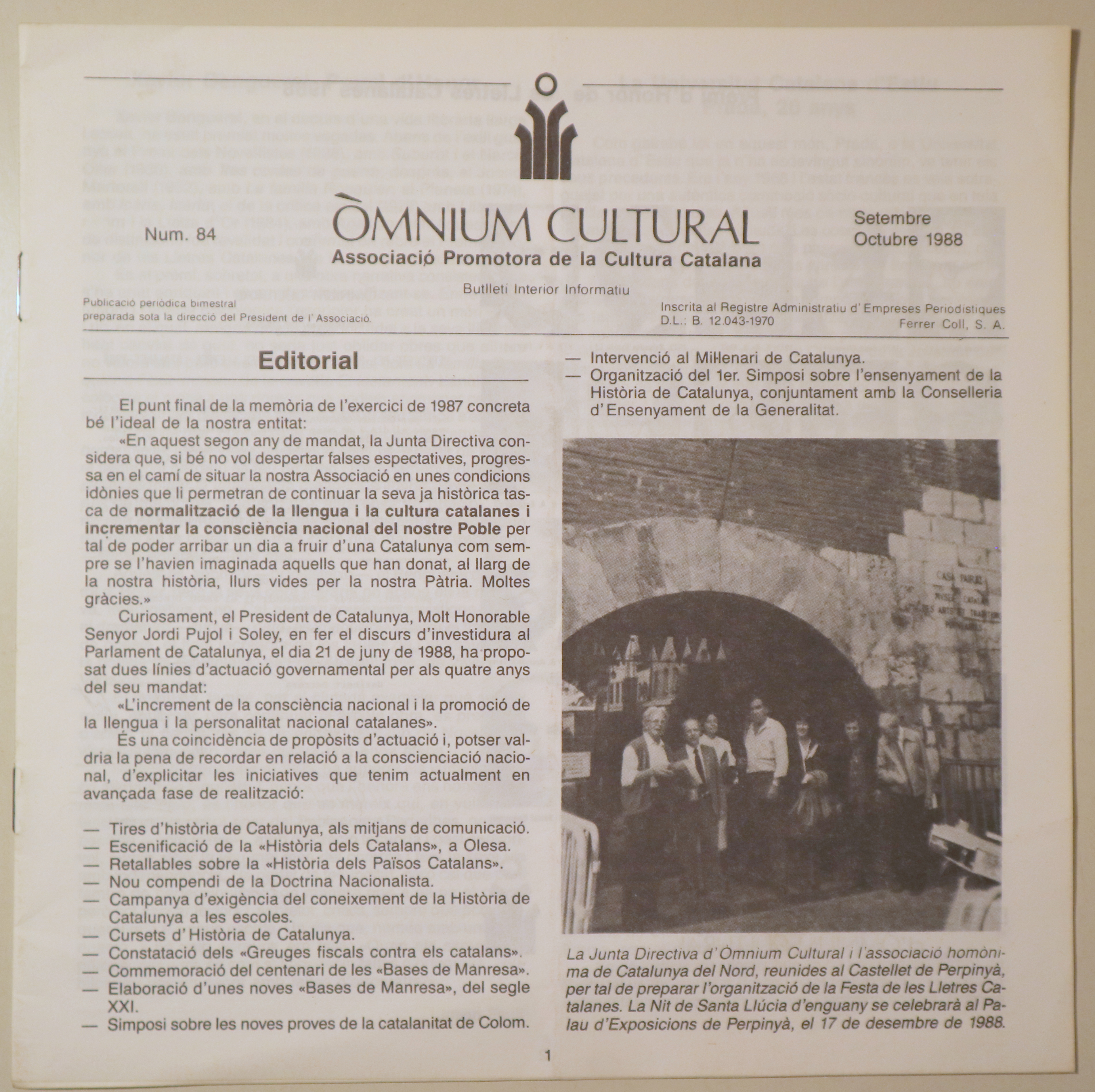 BUTLLETÍ INTERIOR INFORMATIU D'ÒMNIUM CULTURAL 3ª època, núm. 84. Setembre/octubre 1988 - Barcelona 1988 - Il·lustrat